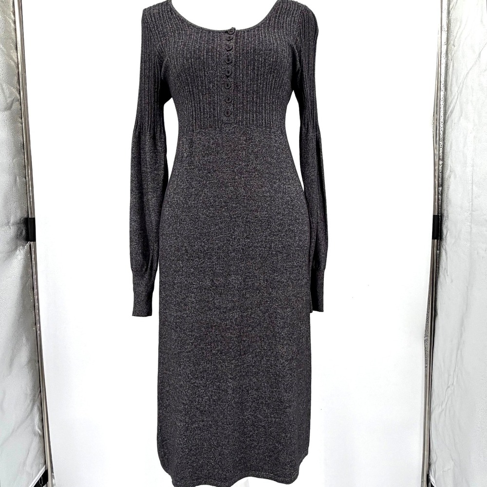 Sandra Darren Gray Ribbed Knit Long Sleeve Autumn Midi Sweater Dress Size 10